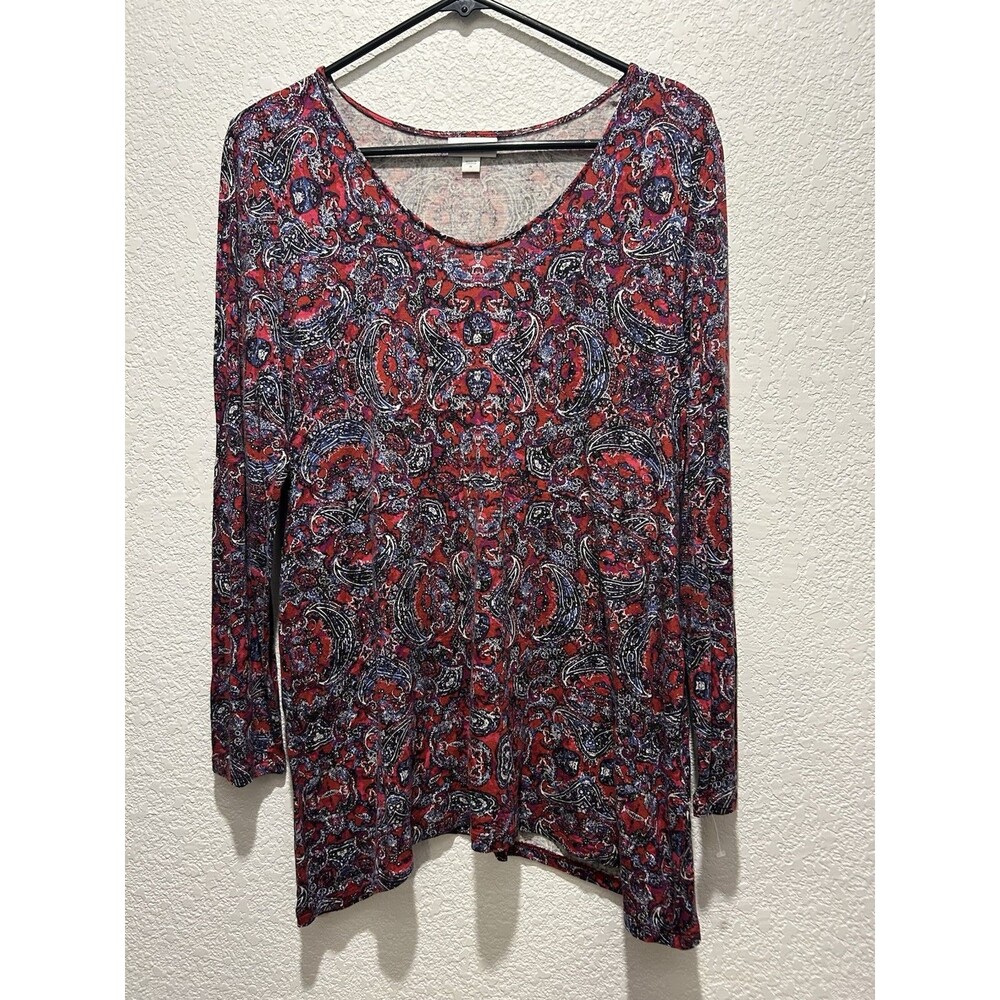 J.Jill Women Popover Blouse Top Size Med Red Paisley 3/4 Sleeve
